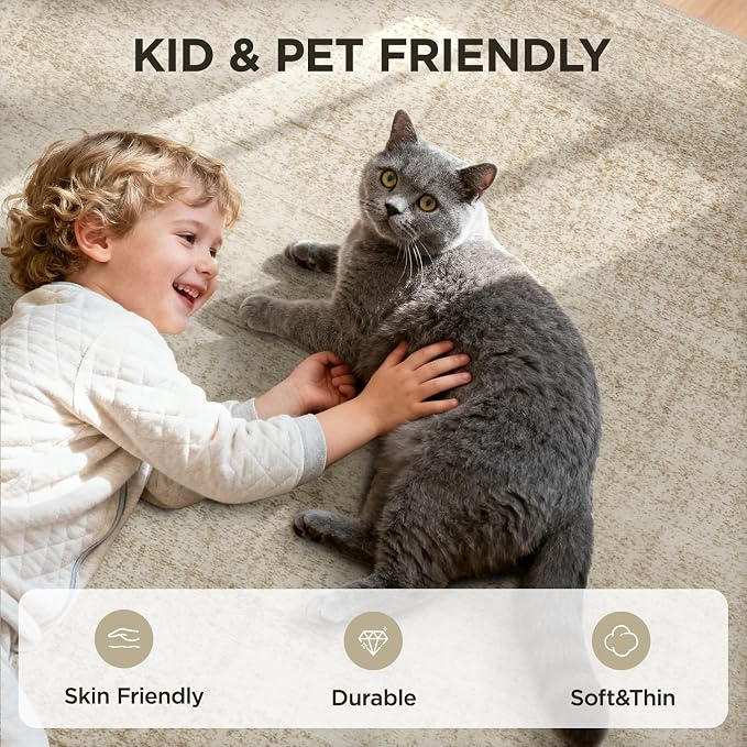 Joydeco Washable 5x7 Area Rugs for Living Room Bedroom, Boho Abstract Beige Dining Room Rug Non Slip, Soft Neutral Classic Indoor Throw Carpet for Playroom Dorm Classroom Entryway Office