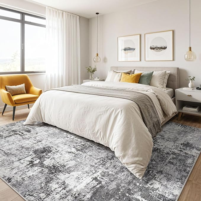 10x12 Area Rug Living Room: Washable Large Abstract Modern Soft Rugs Stain Resistant Indoor Floor Non Slip Accent Carpet for Bedroom Nursery Playroom Office Dining Room Dorm Home House- Black Gray