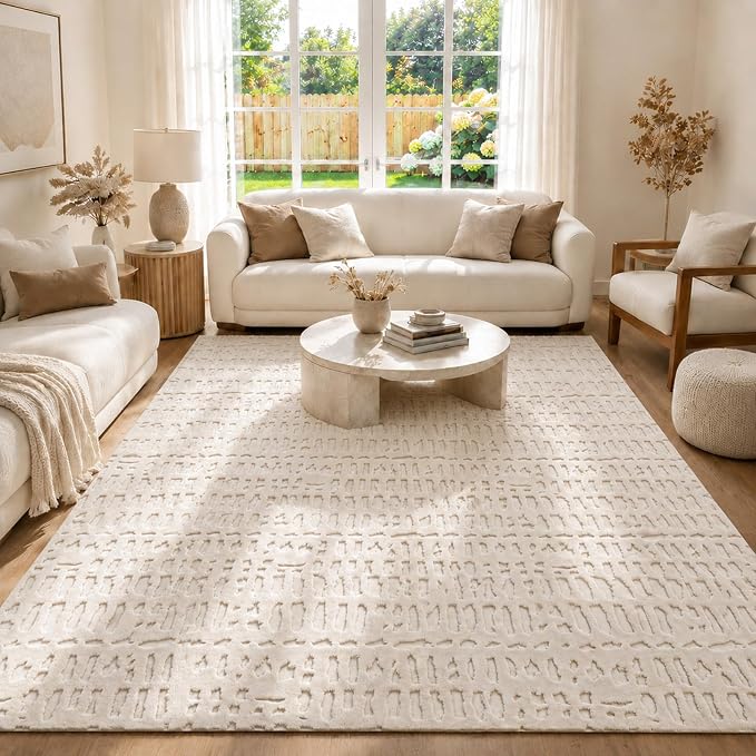 Yamaziot 8x10 Washable Area Rug, High-Low Grid Textured Living Room Rugs, Soft Fluffy Non-Slip Mats Stain Resistant Contemporary Bohemian Carpet for Dining Room, Kids Nursery Room, Bedroom, Office