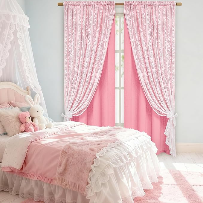 ASPMIZ Pink Curtains for Living Room Double Layer Curtains with Linen Lace, Linen Curtain for Girls Bedroom Farmhouse Window Curtain 84 inch Length 2 Panels, Rod Pocket Drapes with 2 Tiebacks, 52x84