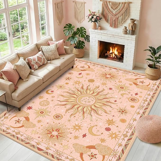 Vacuum-Friendly, 9x12 Washable Area Rug, Pink Gold Beige Red | Sun and Moon Boho Gothic Non-Slip Low Pile Living Roon Bedroom Dining Room Kitchen Entry Entryway Entrance Hallway Doormat