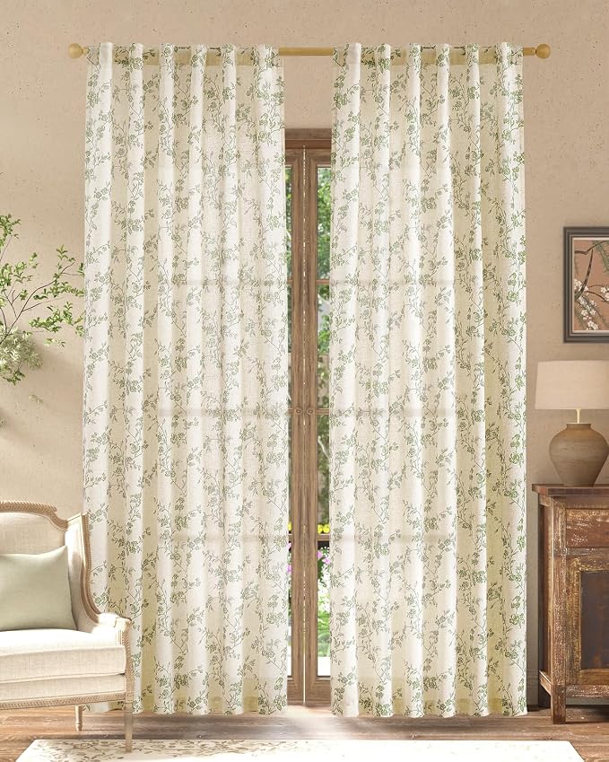 jinchan Green Floral Linen Curtains 84 Inch Farmhouse Back Tab 2 Panels | Flower patterned drapes, french country, light filtering, semi sheer, printed, privacy, bedroom, living room, home decor