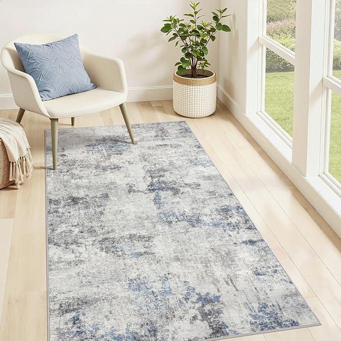 DMOYEST 3x5 Area Rug - Washable & Non Slip Living Room Rug, Ultra Soft Abstract Low Pile Carpet, Kid & Pet Friendly Modern Decor for Bedroom and Home Office - Grey Blue