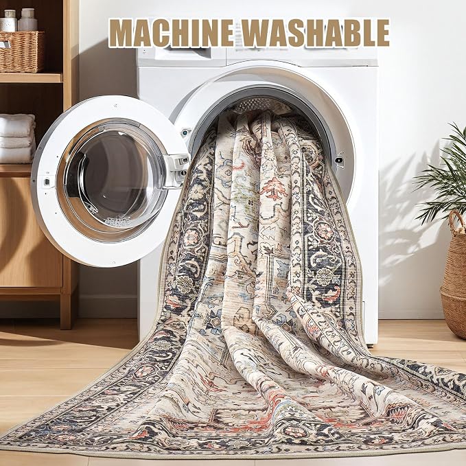 Area Rug for Living Room - 7x9 Soft Washable Oriental Vintage Floral Distressed Large Carpet - Fade Stain Resistant Non Slip Rugs for Bedroom Dining Room Nursery Dorm Office Home Decor - Multi