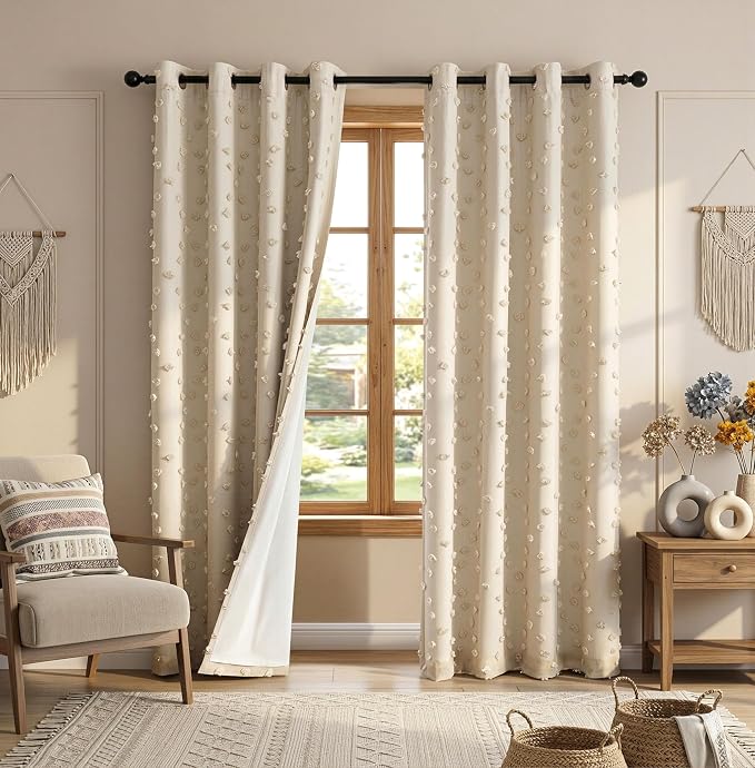 MYSKY HOME 100% Blackout Curtains for Girls Bedroom 95 Inch Long Total Room Darkening Curtain for Living Room 2 Panels Grommet Light Blocking Sliding Door Drapes Beige Pom Pom Sheer 52 x 95 Inch