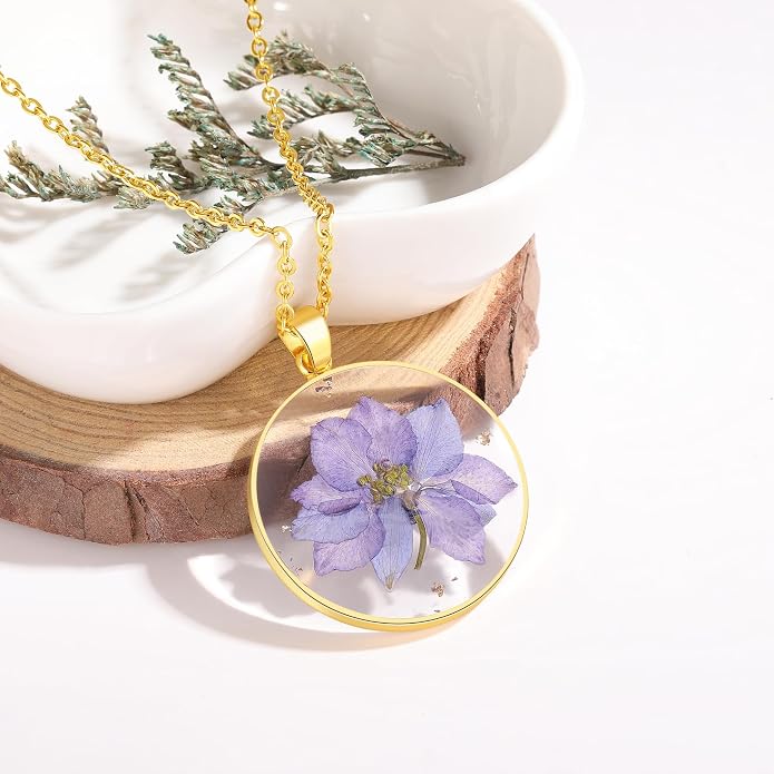 AUNTESIGN Forget-Me-Not and Queen Anne's Lace Pressed Wildflower Necklace | Birth Month Flowers Necklace | Gold/Silver Pressed Flower Jewelry | Mother's Day | Gift For Her