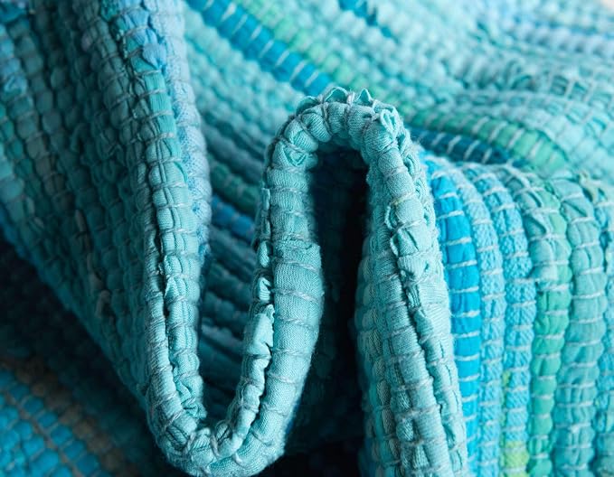 Unique Loom Chindi Cotton Collection Soft Hand Woven Natural Fiber Striped Area Rug, 8 ft x 10 ft, Turquoise/Ivory