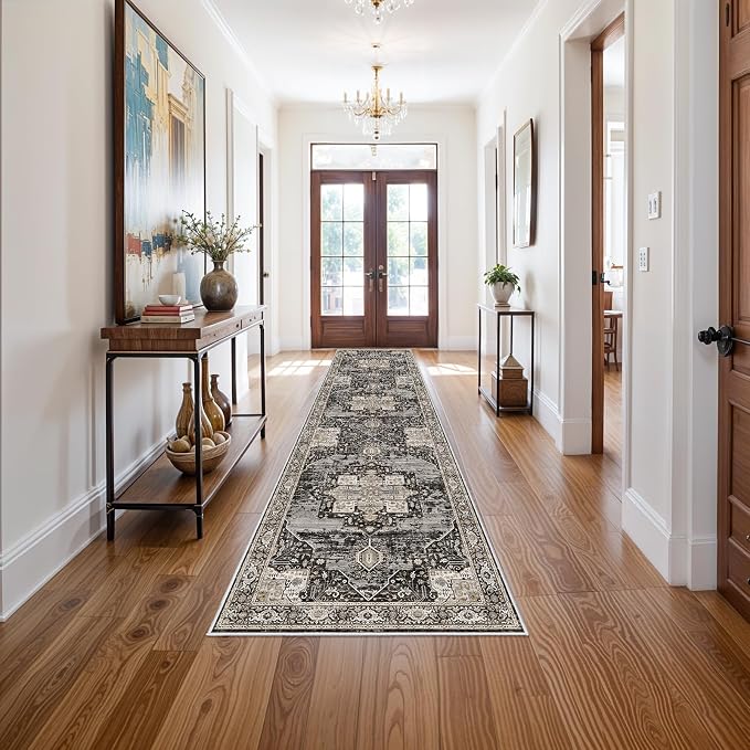 RUUGME Hallway 3x12 Runner Rugs - Large Boho Rugs for Living Room Stain Resistant Carpet Vintage Tribal Rugs for Bedroom Kitchen Bathroom Non Slip Backing Home Decor Floor Decoration Mat 3X12 Black