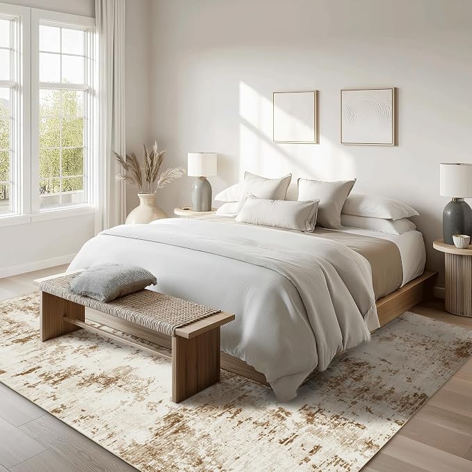 FMFUNCTEX 7x9 Washable Area Rug Brown Beige Neutral Abstract Modern Large Non Slip Carpet for Living Room Bedroom Soft Low Pile Indoor Mat Contemporary Throw Rug for Dining Kitchen Office Nursery