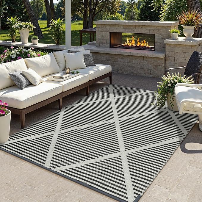 Lahome 6x9 Outdoor Plastic Straw Rug, Plastic Straw Reversible Camping Rug for Tent, Large Weatherproof Outside Carpet for Rv Beach Backyard Balcony Deck, Grey 6'x9'