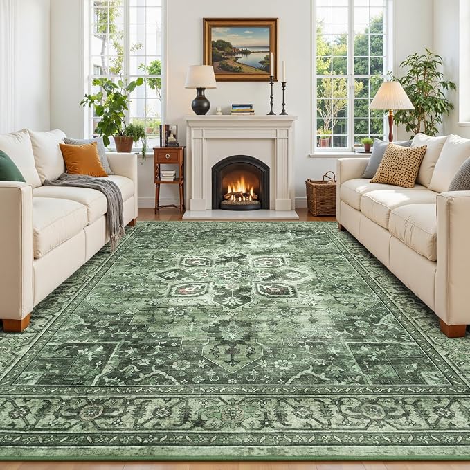 Sage Green Boho 6x9 Living Room Rugs - Floral Aesthetic Distressed Dining Room Rug for Under Table, Lightweight Washable Foldable Low Pile Moss Green Carpet, Eclectic Farmhouse Bedroom Décor