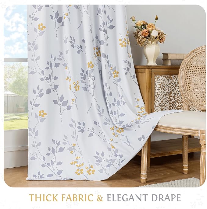 Beauoop Floral 100% Blackout Curtains Bedroom Yellow Grey 52X90 2 Panels | Flower Patterned Yellow White Room Darkening Drapes for Living Room Thermal Soundproof Window treatment Rod Pocket