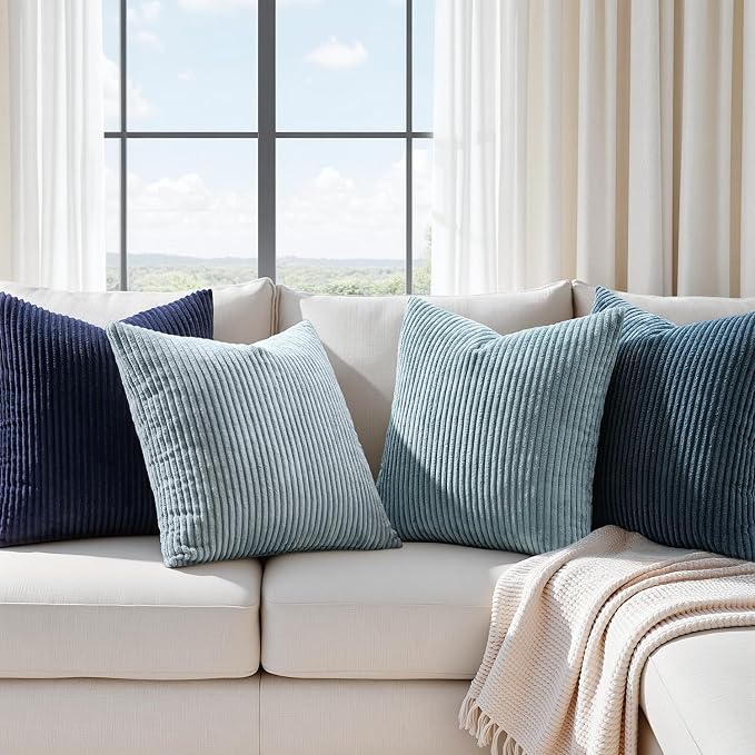 EMEMA Coastal Blue Decorative Throw Pillow Covers 18x18 Inch Set of 4 Boho Farmhouse Corduroy Striped Square Pillow Case,Western Modern Cushion Covers for Couch Bed Livingroom Home Decor