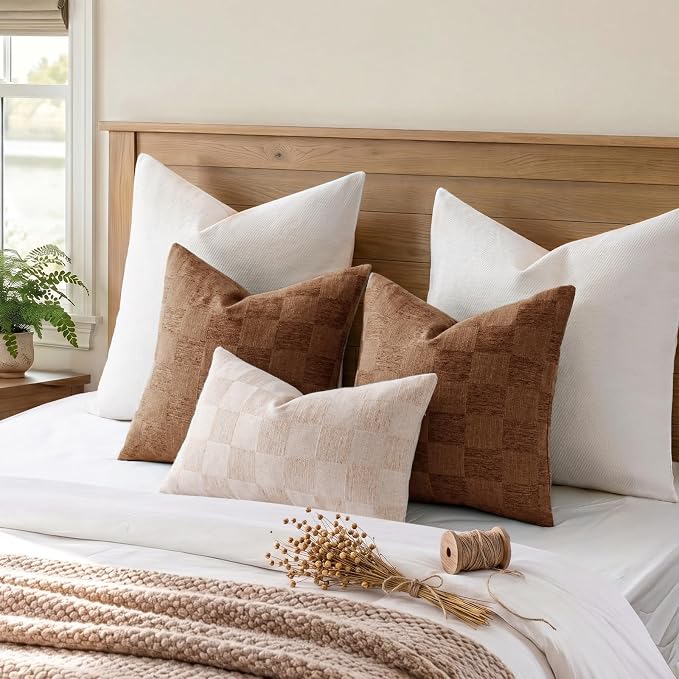 a moment Set of 2 Decorative Linen Throw Pillow Covers,Large Grid Textured Neutral Boho Farmhouse Cushion Covers,Soft Aesthetic Pillowcases for Couch Sofa Living Room Home Decor,20x12 Inch,Hazal