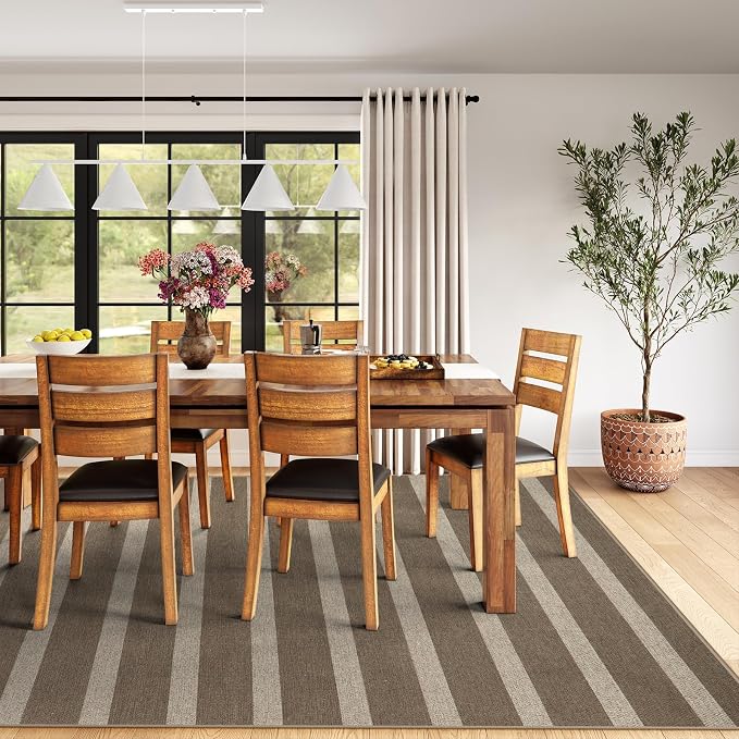 Lahome Striped Easy Jute Living Room Rug, 8x10 Outdoor Patio Rugs Washable | Patio Area Rug, Modern Farmhouse Large Non Slip Lightweight Carpet for Bedroom Backyard Office Dining Room Mudroom, Khaki
