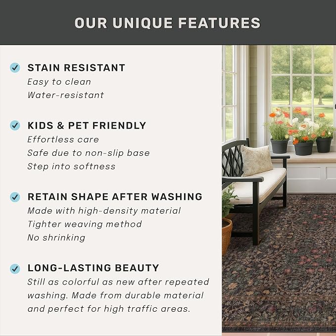 Dark Brown Washable 5x7 Area Rugs for Living Room, Entryway, Non-Slip Soft Rugs for Bedroom, Dining Room, Home Office, Black Brown Floral Vintage Cottage Indoor Carpet Décor, Low Pile Stain Resistant
