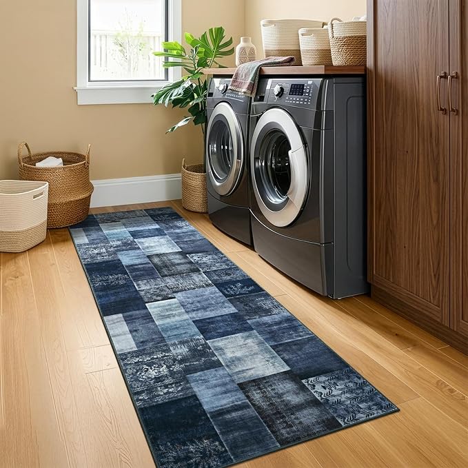 DweIke Runner Rug for for Hallways, 2'x6' Washable Kitchen Rugs with Non Slip Rubber Backing, Soft Low Pile Non-Shedding Geometric Carpet for Laundry Bedroom Bathroom, Navy Blue
