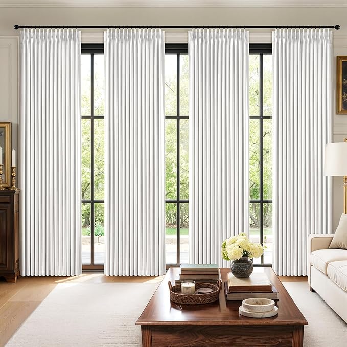 MIULEE Pinch Pleated 100% Blackout Curtains 40"x108" Long White 4 Panel Set | Thick Linen, Memory Trained Pleat, Back Tab Double Layer Drapes, Thermal Insulated, Curtain for Bedroom Living Room Darkening