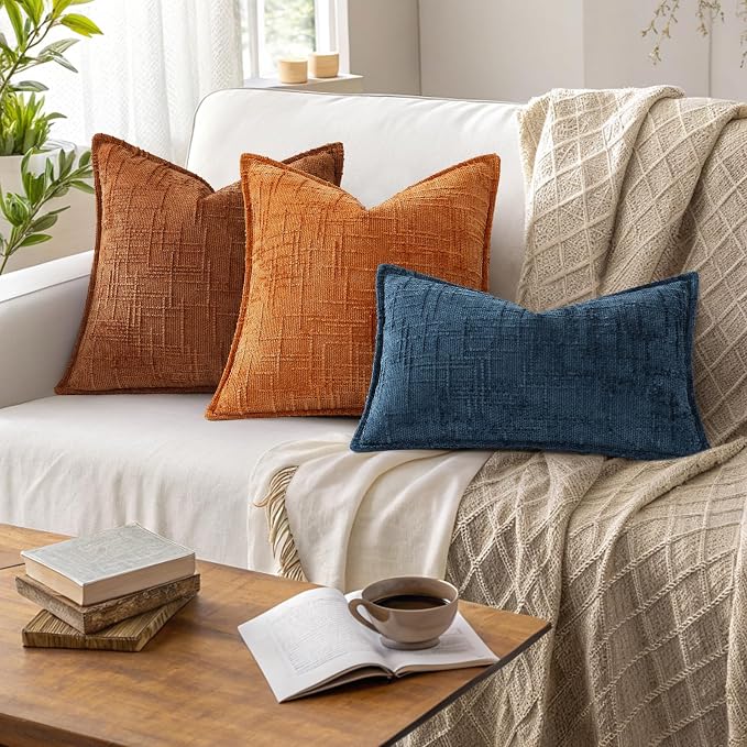 decorUhome Chenille Fall Throw Pillow Covers 26X26 Set of 2, Soft Textured Slubby Modern Decorative Pillow Covers with Elegant Design for Couch, Sofa, Living Room, Burnt Orange