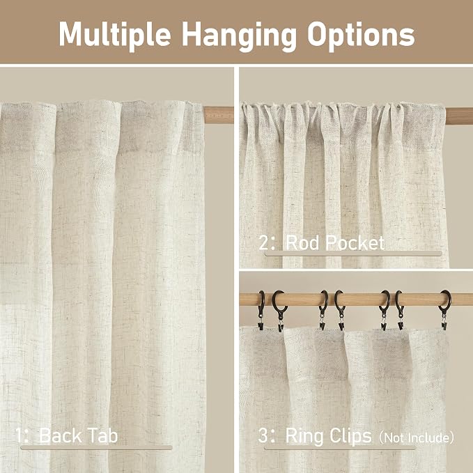 LAMIT Linen Semi Sheer Curtains 40 Inch for Bedroom, Light Filtering Neutral Window Curtains Farmhouse Boho Back Tab and Rod Pocket Panels, Natural, 2 Panels, 52 x 40 Inch