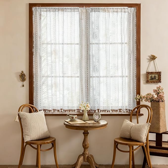 Sutuo Home White Boho Lace Kitchen Curtains 54 inches Long, Cottagecore Semi Sheer Privacy Crochet Vintage Tassels Bohemian Window Cream Curtains Drape for Nursery Decor Rod Pocket, 2 Panels 50" W