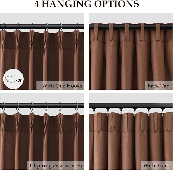 Aersas Rustic Brown Pinch Pleated Linen Curtains 96 Inch Length 2 Panels for Living Room Bedroom Semi Sheer Window Curtain Boho Neutral Back Tab Pinch Pleat Drape with Hooks 40x96