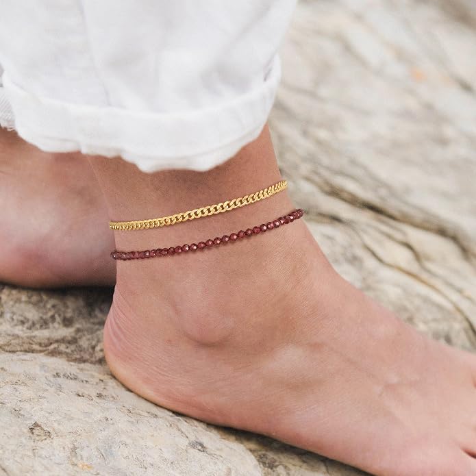 DREMMY STUDIOS Gold Anklet Bracelets for Women 14K Gold Plated Stone Handmade Beaded Link Chain Anklets Jewelry Gift
