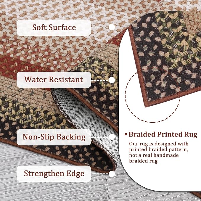 RUGSREAL 2x10 Long Hallway Runner Rug Braided Print Mat Kitchen Runner Rug with Rubber Backing Washable Farmhouse Runner Carpet Rustic Accent Area Rug for Living Room Bedroom Bathroom, Crimson/Earthy