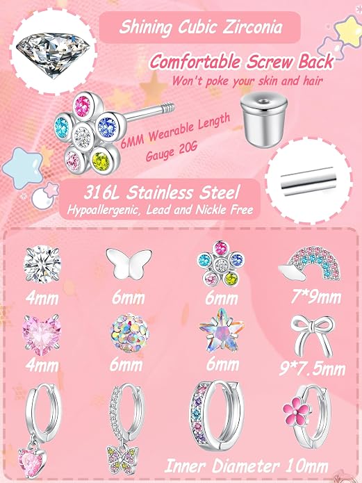 Hypoallergenic Screw Back Earrings for Women Girls Kids Surgical Steel Earrings for Sensitive Ears Cute Heart CZ Flower Butterfly Toddler Girl Earrings Screwback Studs Hoops