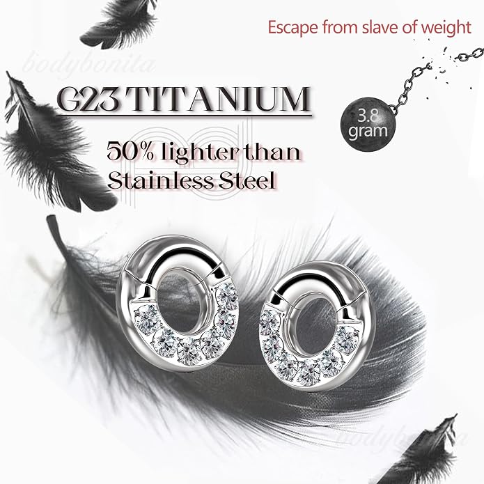 BodyBonita G23 Titanium 0G 2G 4G 6G 8G 10G 12G 14G CZ Septum Rings PA Nose Hoops Clicker Ear Weights for Stretched Ear Piercing Jewelry 10mm 12mm Silver/Gold/Black