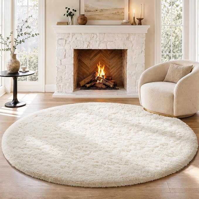 Ophanie Round Rugs 6Ft Ivory Circle Area Rug, Aesthetic Room Decor, Fluffy Fuzzy Bedroom Carpet, Plush Soft Shaggy Cream Living Room Rugs for Kids Home Decor, Nursery with Over 99 pcs Pile fibers