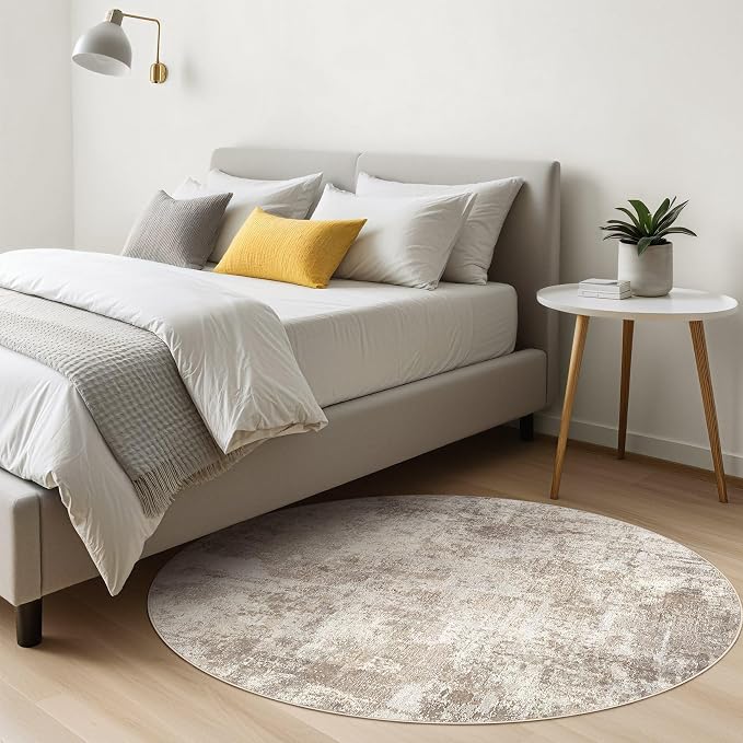 6ft Round Rug Living Room Rugs: 6x6 Washable Circle Large Abstract Modern Soft Stain Resistant Non-Slip Indoor Floor Carpet for Bedroom Nursery Office Dining Room Playroom Home House- Beige Brown