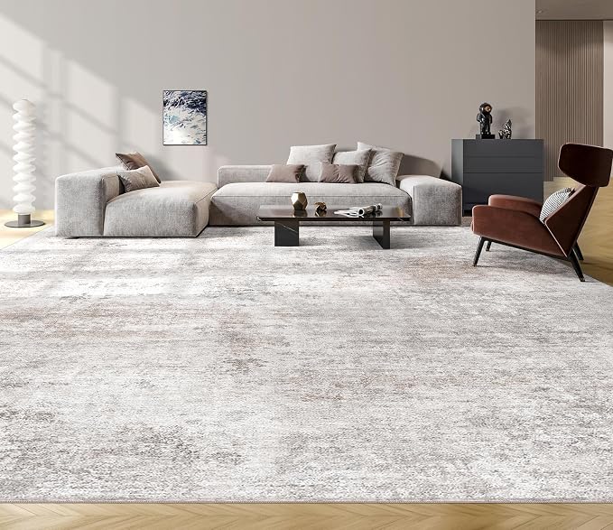 Abstract 6x9 Area Rug: Machine Washable Non Slip Ultra Thin Low-Pile Carpet, Soft Stain Resistant for Living Room Bedroom Nursery, Kid Pet Friendly, Robot Vacuum Compatible - Brown Grey