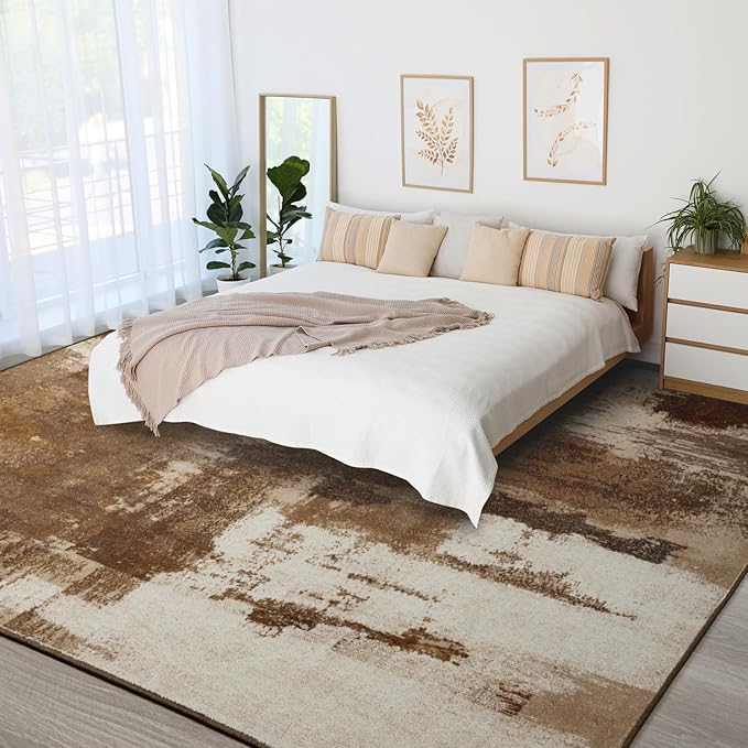 Kelarea Living Room Rug, 10x14 Rug Modern Abstract Washable Rugs, Brown Vintage Low Pile Carpet, Non Slip Large Rugs for Bedroom, Dining Room, College Dorm, Home Office