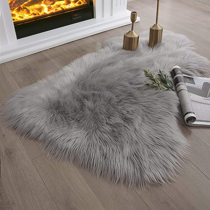 Ashler Faux Fur Rug, Fluffy Shaggy Area Rug Ultra Soft 2 x 3 Feet Sheepskin Fur Rug, Grey Fuzzy Rug Machine Washable Shag Rug, Nursery Decor Throw Rugs for Bedroom, Kids Room, Living Room