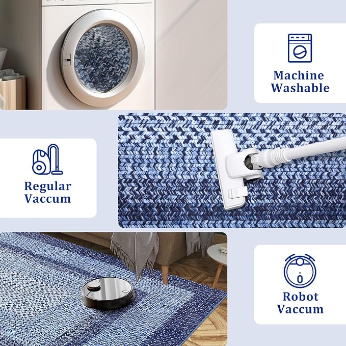 RUGSREAL Boho Rug 4x6 Bedroom Machine Washable Rug Braided Print Floor Cover Indoor Non Slip Throw Carpet Dining Room Small Carpet Farmhouse Rustic Accent Rug for Living Room Home Decor, Navy