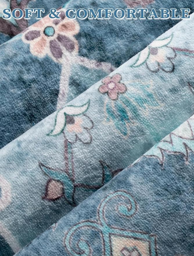 SERISSA Boho Washable Runner Rug, 2x5 Rug Non-Slip Vintage Blue Hallway Kitchen Runner Rug Ultra Soft Print Distressed Floor Carpet for Bedroom Bathroom Laundry Living Room