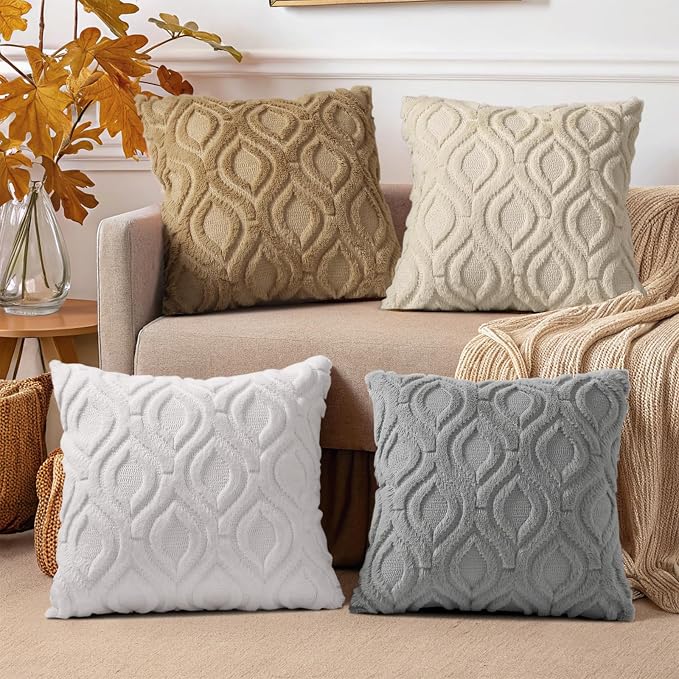 decorUhome Beige Cream White Faux Fur Throw Pillow Covers 18x18 Set of 4 | Fall Soft Neutral Decorative Plush Couch Pillow Covers, Accent Modern Farmhouse Neutral Pillow Cases for Sofa Bed Living Room