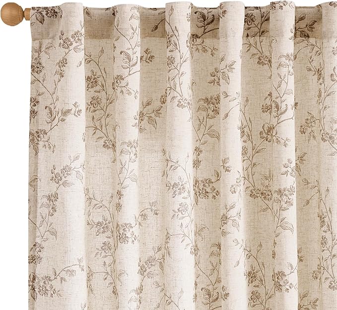 Lazzzy Linen Farmhouse Curtains Taupe Floral Curtains 63 Inch Long Back Tab Drapes for Living Room Bedroom Light Filtering Country Vintage Rod Pocket Curtain, 2 Panels, Taupe on Beige