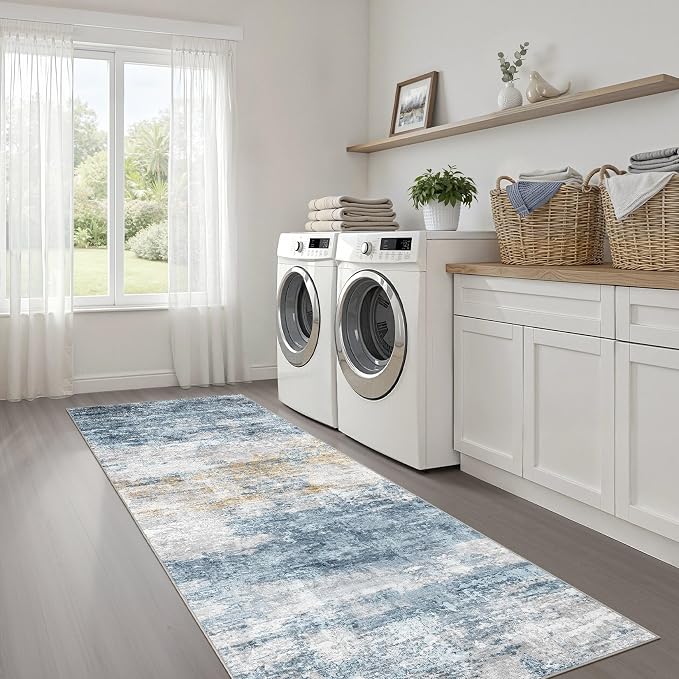 Runner Rug Non-Slip Kitchen Rug: 2x6 Washable Abstract Modern Soft Stain Resistant Indoor Floor Neutral Accent Throw Carpet for Hallway Bathroom Laundry Room Bedroom Entryway- Blue Gold