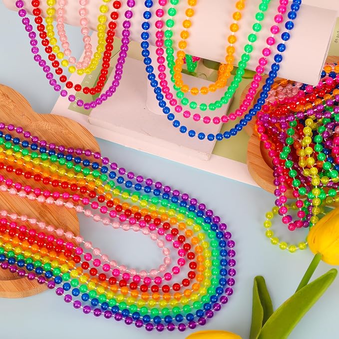 24PCS Glow in the Dark Bead Necklace, Metallic 8 Kinds of Color Light up Neon Mardi Gras Beads, 33" Light Costume Necklaces for Festival Parade Throw Accessories Wedding Birthday Party Favors Decor