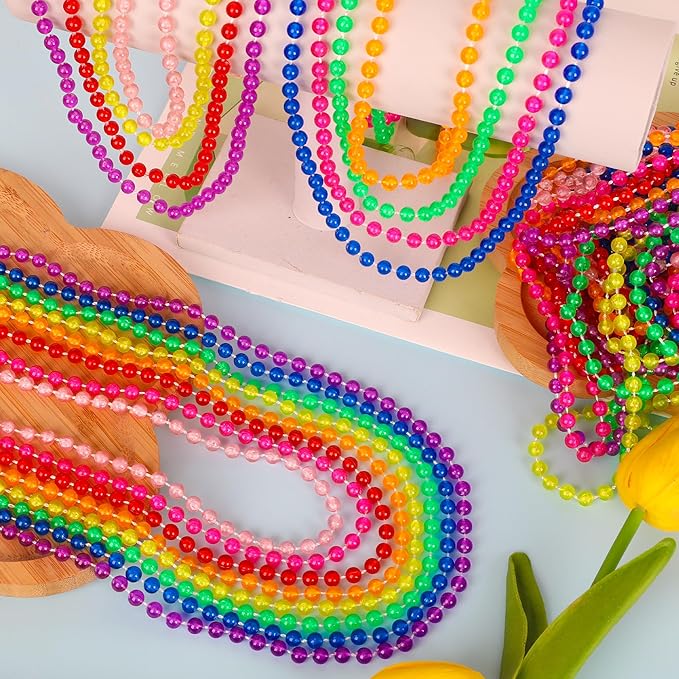 EOBOH 100PCS Mardi Gras Beads, Metallic Colorful Glow in The Dark Bead Necklaces, 33" Light up Neon Necklace for Costume Party Favors Festival Parade Throw Accessories Wedding Birthday Decor Supplies