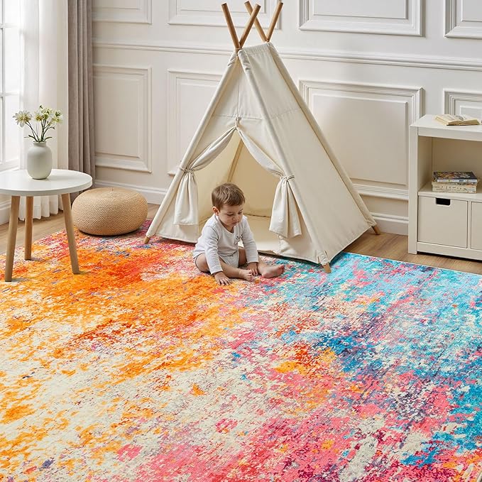 Rugflix 10x12 Area Rugs for Living Room, Washable Colorful Rainbow Rug Stain-Resistant Low Pile, Large Carpet Non-Slip for Kids Girls Room Nursery Bedroom Home Office