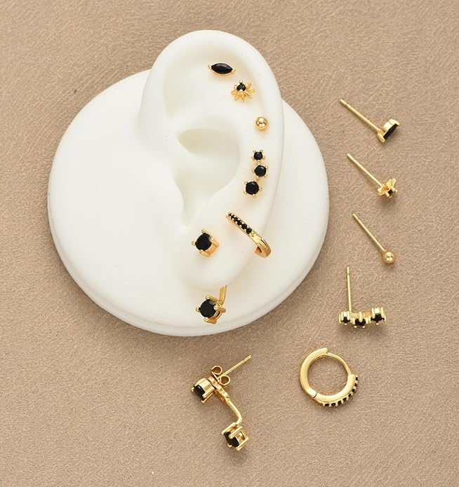 6 Pairs 14K Gold Plated Stud Earrings for Women, Hypoallergenic Cartilage Earrings for Multiple Piercing, Dainty Small Stackable Earrings Set for Jewelry Gift