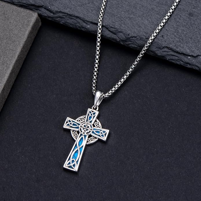 HPQQ Cross Necklace 925 Sterling Silver Turquoise Tree of Life Celtic Knot Cross Pendant Jewelry Mother's Day Gifts for Women