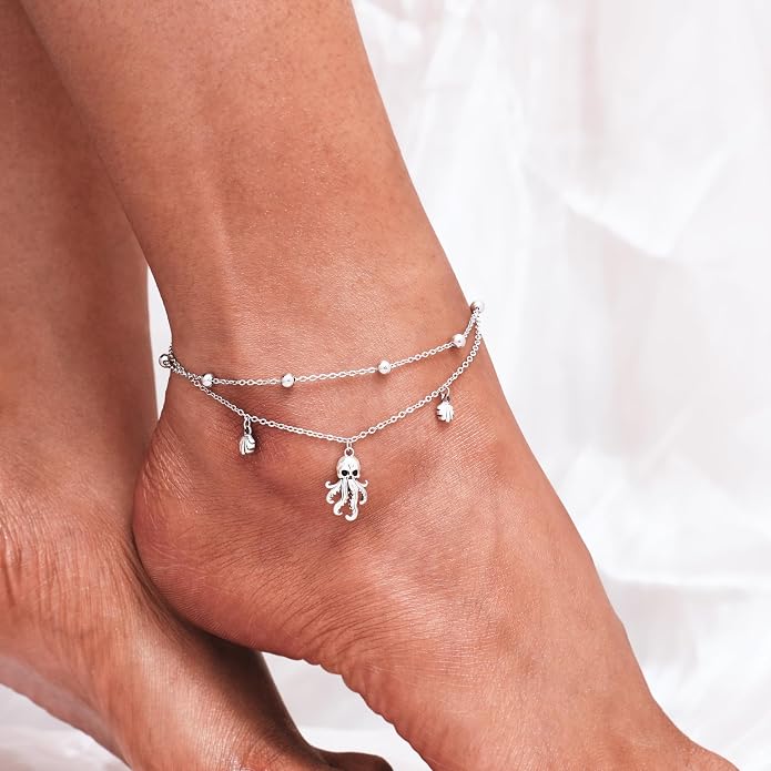 CHIC & ARTSY 925 Sterling Silver Ankle Bracelets for Women, Adjustable Layered Foot Chains with Nature & Symbol Charms, Lightweight Comfort Fit Boho Beach Everyday Jewelry
