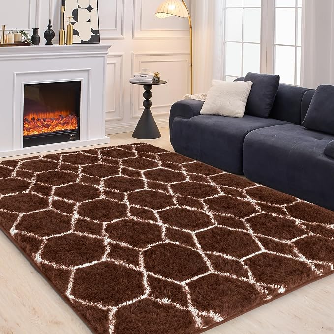 Fluffy Rug for Bedroom, Soft 5x7 Brown Shag Plush Geometric Area Rugs | Modern Brown and White Rug, Non Slip Carpet for Living Room, Aesthetic Home Decor, Fuzzy Floor Mat for Nursery Teen Dorm