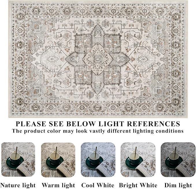 RUUGME Vintage 6round Rug Washable - Large Boho Rugs for Living Room Stain Resistant Carpet Vintage Tribal Rugs for Bedroom Kitchen Bathroom with Non Slip Backing Floor Decoration Mat 6ft Ivory
