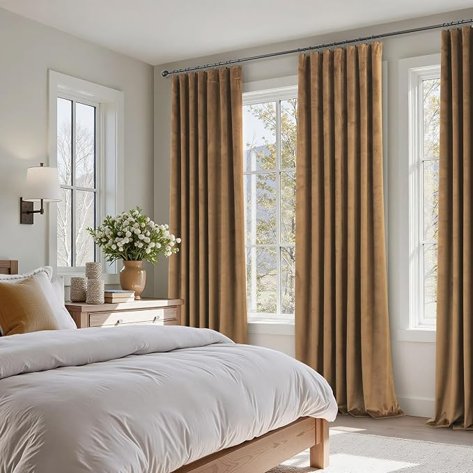 Pitalk Velvet Black Out Curtains Gold Brown for Bedroom Thermal Soundproof Noise Reducing Drape for Nursery Living Room Darkening Privacy Luxury Home Decor Back Tab 63 Inch Length 2 Panel Golden Brown