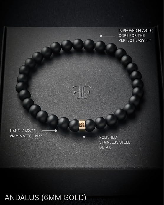 Forge & Foundry Men’s Matte Black Solid Onyx Beaded Bracelet | 10mm, 8mm, 6mm Bead Size Options | Signature Stainless Steel Engraved Bead | Andalus